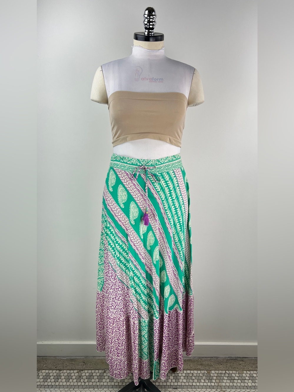 💚 3590. Boho Maxi Skirt in Mint Green, Lavender & White